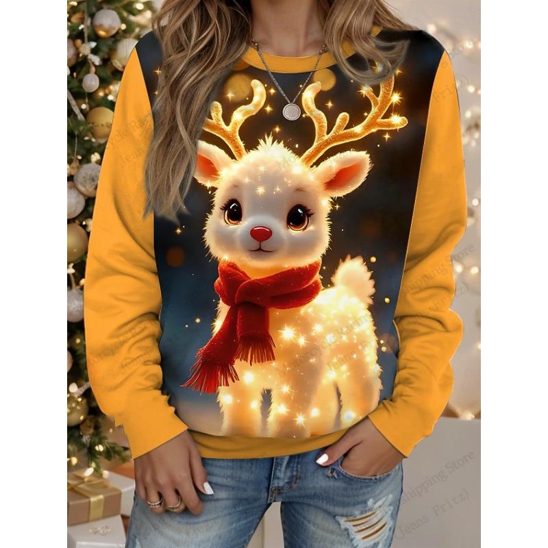 Christmas T-Shirts Fun Reindeer 3D Print Women O-Neck Long Sleeve T Shirt Streetwear Pullover Harajuku Tees Female Tops Clothing