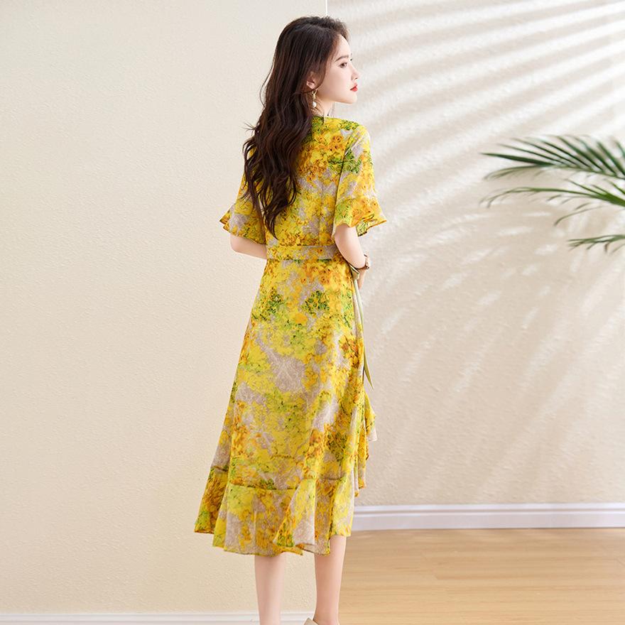 Fashion floral ruffle edge dress for women's summer small man design style vacation beach fishtail skirt