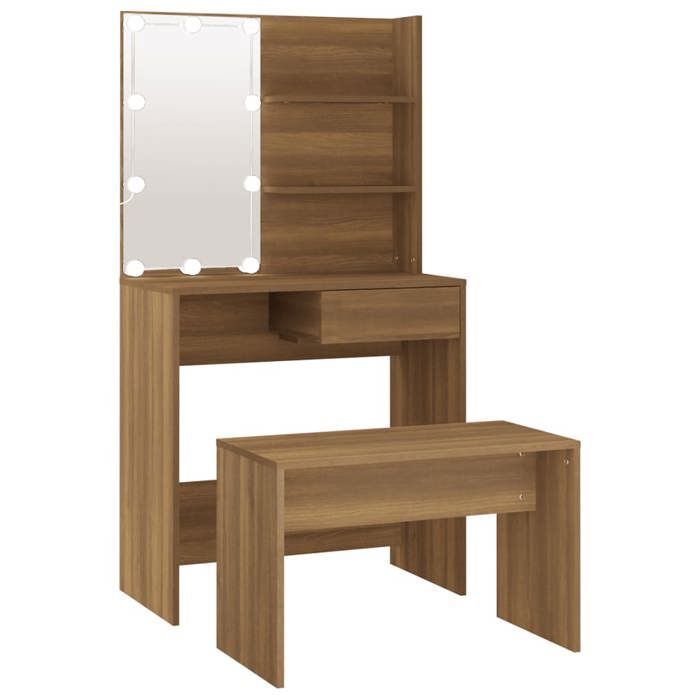 VidaXL Ensemble de Coiffeuse avec LED Table Cosmétique Coiffeuse de Maquillage Table à Bijoux Chambre à Coucher Chêne Marron 3114114