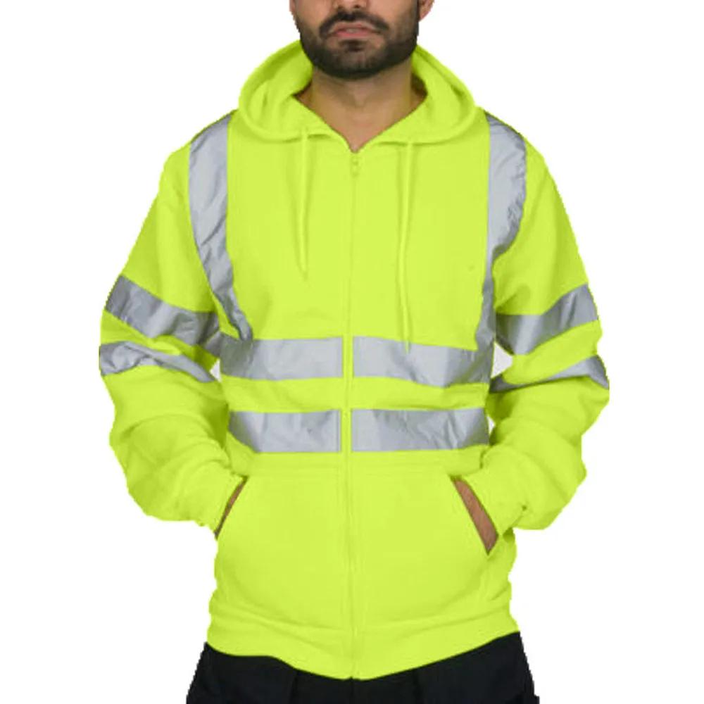 Men Reflective Strip Hoodies Casual Fit Work Safety Jackets Autumn Thin Fleece Hooded Zipper Sweatshirt Coats Workwear for Men