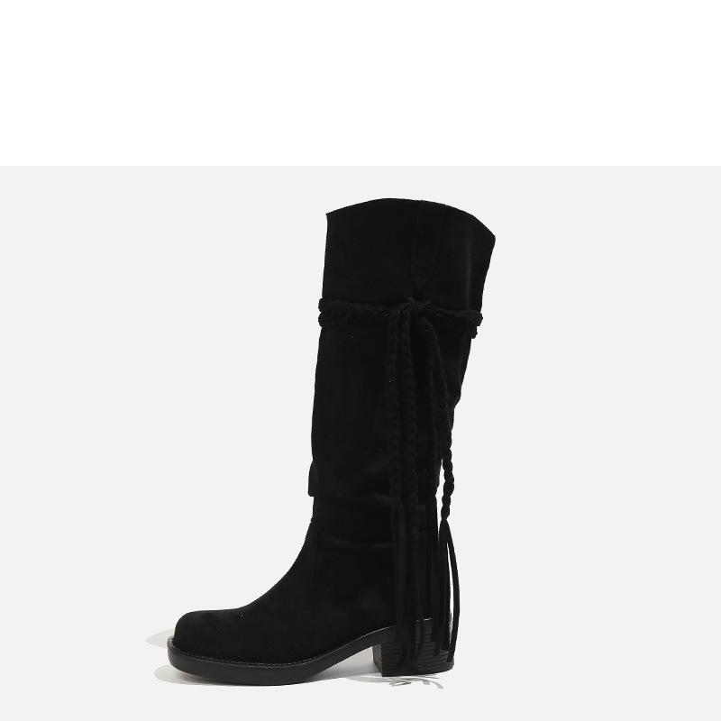 Niche wasteland fringed knight boots women's new thick heel Xinjiang Maillard boots women's tide