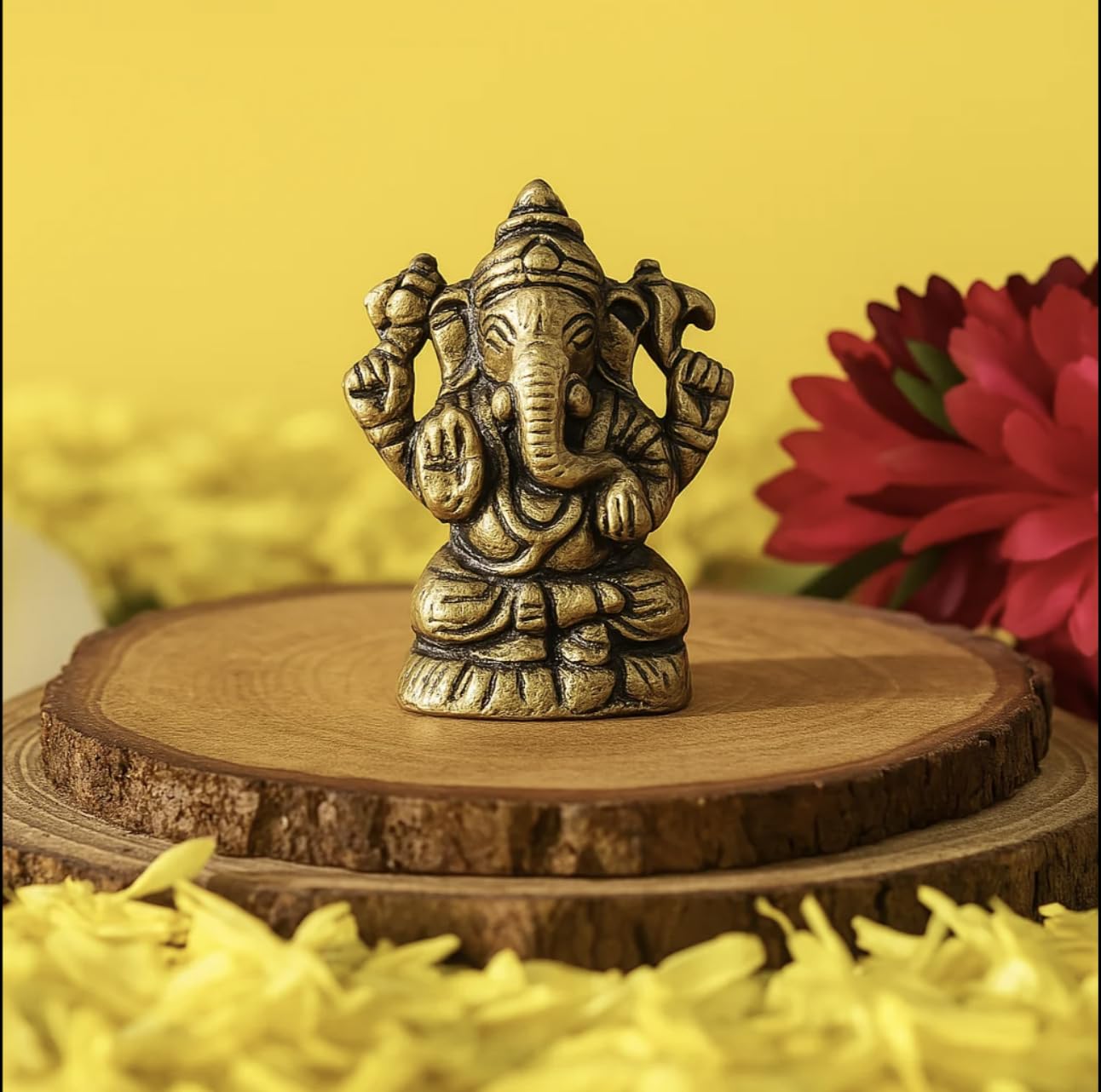 100% Pure Brass Lord Ganesha Idol, Perfect Ganesh, Gajanan Murti, Gold - 6.8 Cm