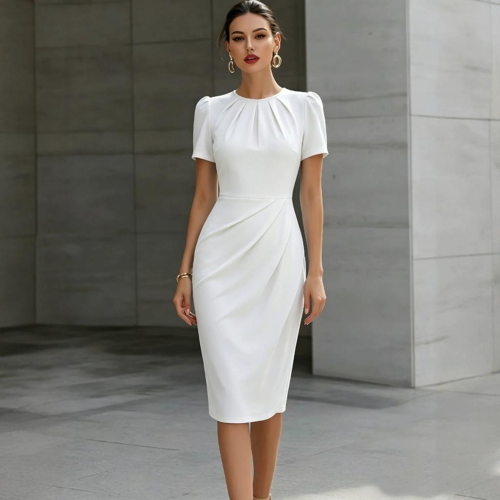 Vestido Midi Tubo Formal de Oficina para Mujer, con Mangas Abullonadas y Cintura Fruncida, Cuello Redondo, Bodycon, Tallas S-2XL