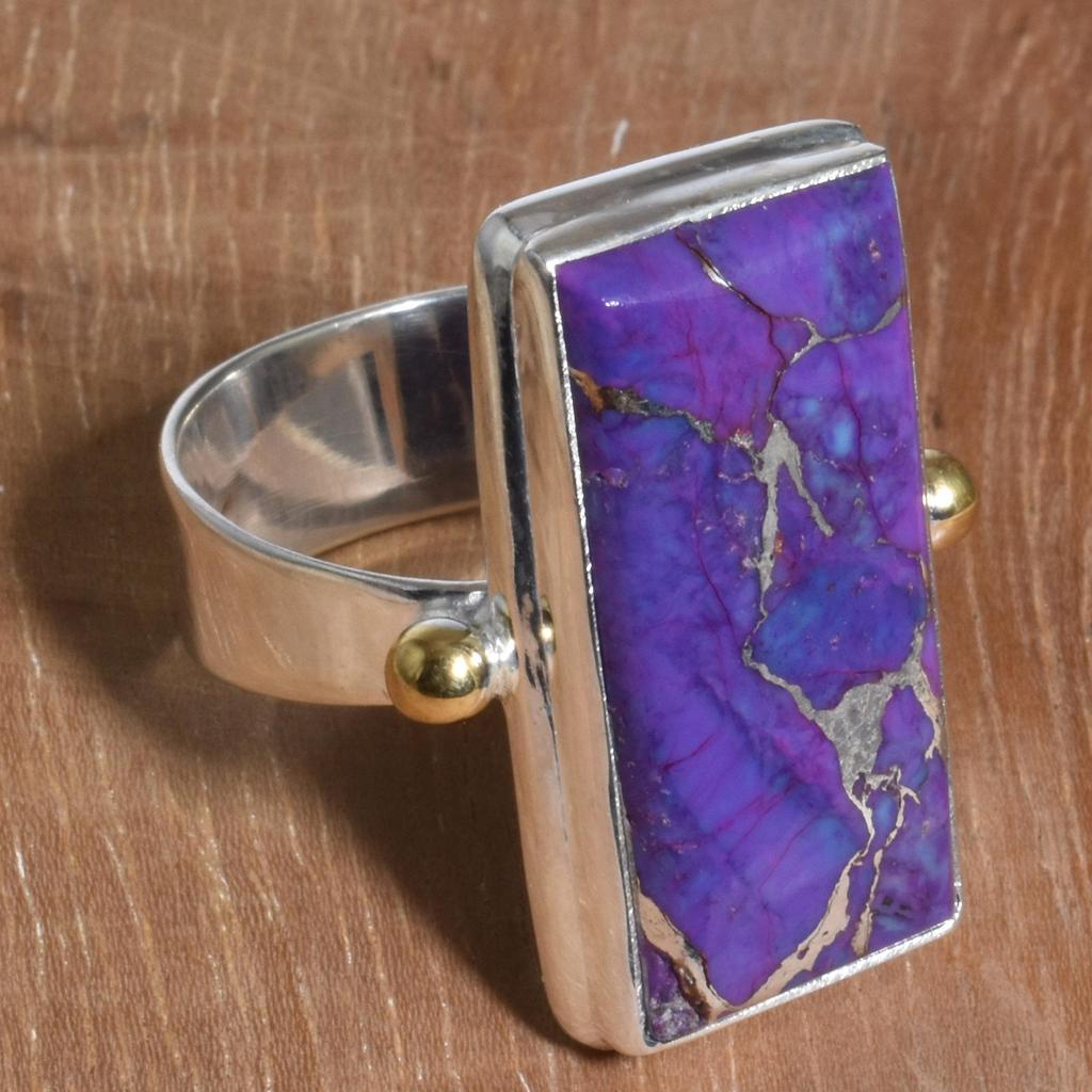 Bague bicolore faite à la main en argent sterling 925 avec pierre précieuse turquoise violette naturelle pour femmes et filles