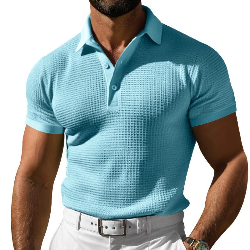 Amazon Men's Polo Shirt Short Sleeve T-Shirt Summer Europe and America Large Size Lapel Button Slim Fit Waffle Men's T-Shirt