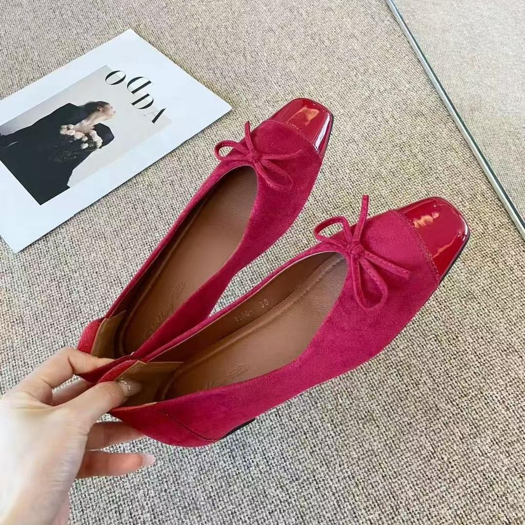 Summer 2025 New Square Head Bow Suede Low Heel Niche Doudou Pregnant Women's Splicing Shoes
