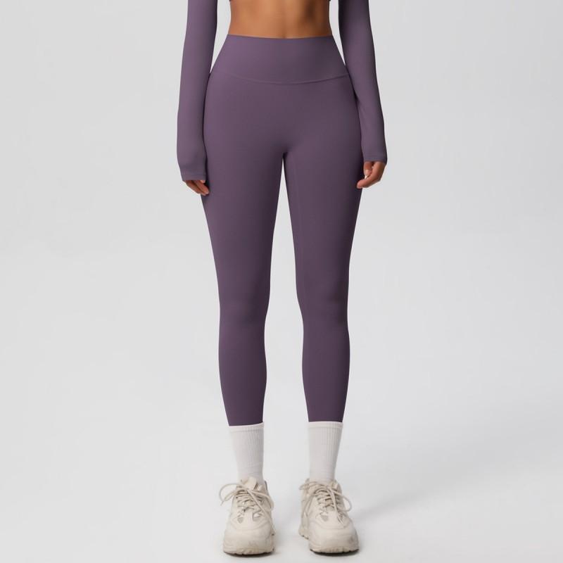 Womens High-Waisted Sports Leggings Solid Color Quick-Dry Double-Sided Brushed Yoga Running Fitness
