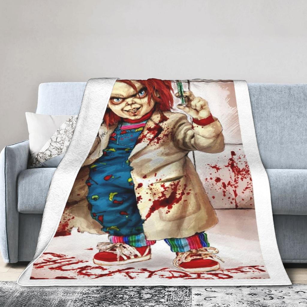Chucky Horror Movie Knitted Blanket Childs Play Halloween Fuzzy Throw Blanket Home Couch Personalised Soft Warm Bedspread
