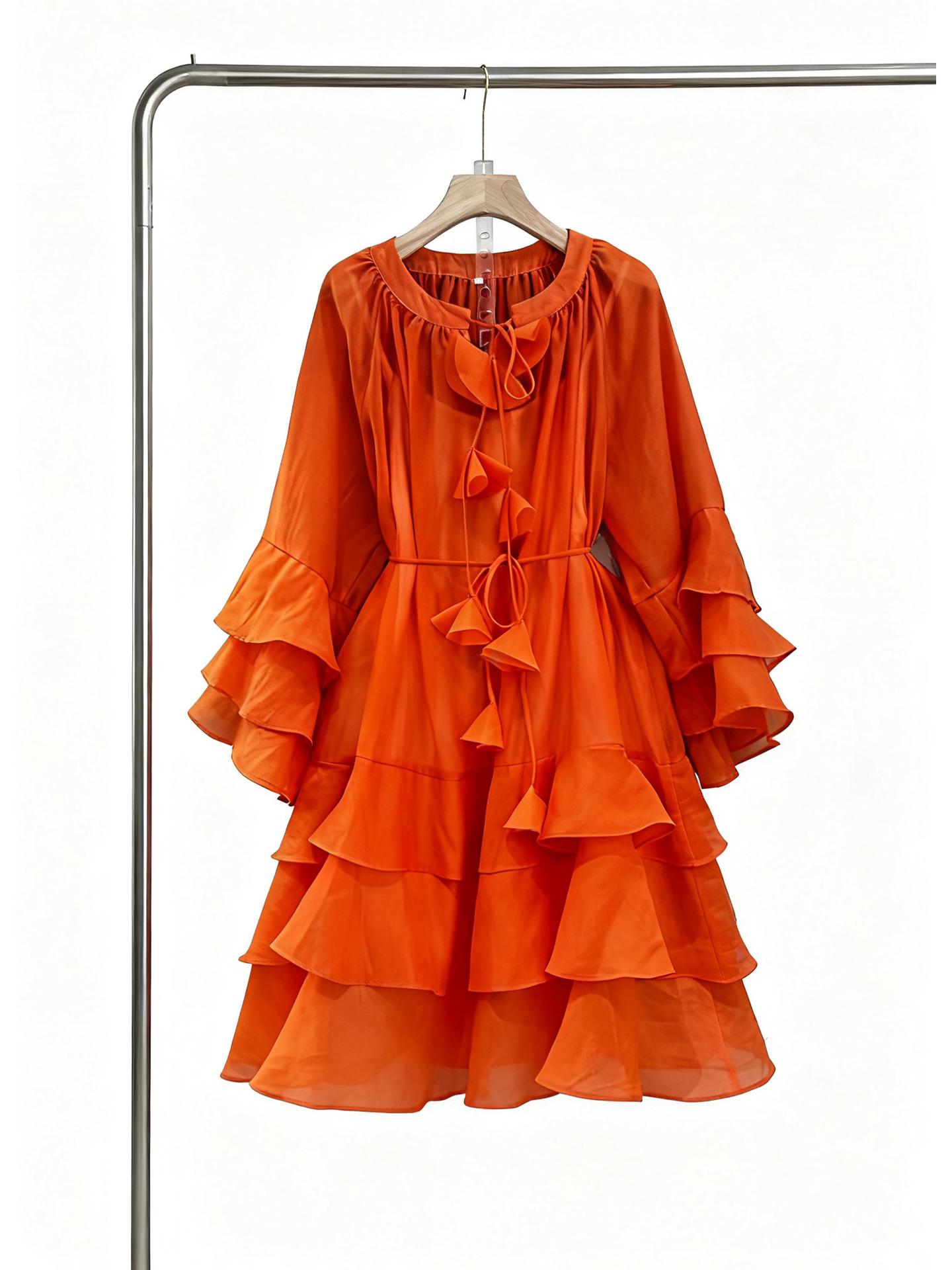 

Vietnam Niche Design Multi-layer Ruffle Tie-neck Patchwork Flounce Skirt M помаранчевий
