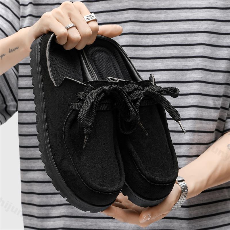Men's Loafers 2025 Summer Comfortable Suede Casual Shoes Retro Platform Lace-up Flat Half Slippers Mules Zapatos Para Hombre