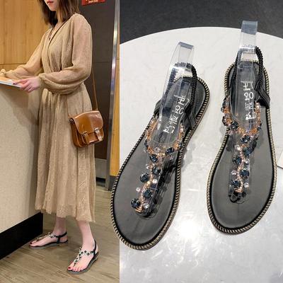 Sett med tåsandaletter dame sommer 2025 ny allsidig fe-stil student flate bunn strass flip-flops tå strand kvinners sko