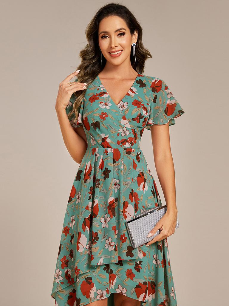 Ever-Pretty Women's Short Sleeve V-Neck Ruffled Floral Asymmetrical Midi Wedding Guest Dress
