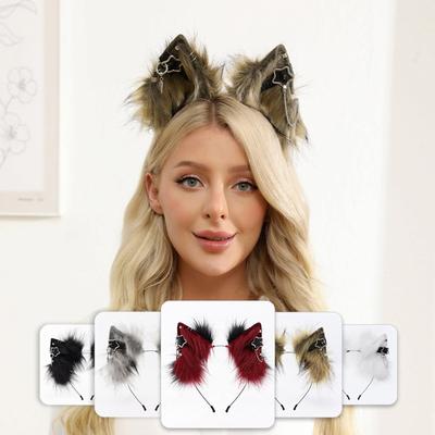 Fofa Tiara Realista de Orelhas de Gato em Pele Sintética para Festas e Cosplay Traje Lolita