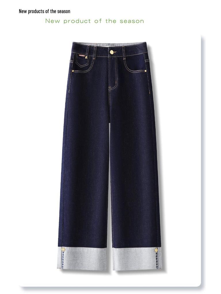 Women's Dark Blue High-Waisted Straight-Leg Jeans with Turn-Up Cuffs - New 2025 Spring/Autumn Slim Fit and Loose Wide-Leg Style