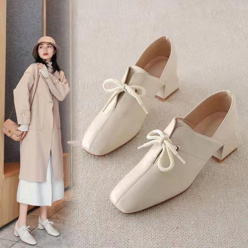 Fashion Design Women Loafers Soft Leather Shoes Comfortable Casual High Heels Solid Color Shoes Ladies Office Party Single Lolita Shoes