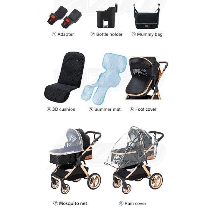 Poussette 3 en 1 Bébé Combinée Siège-Auto Nacelle Trio Réversible Réglable Haute Qualité Roues increvables Canne.KAKI