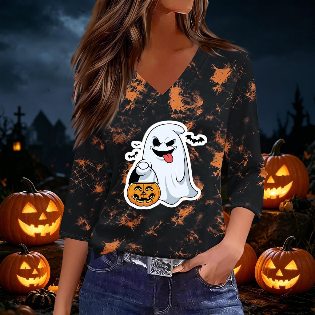 Women's Casual V-Neck 3/4 Sleeve Halloween Print Top for Party and Daily Wear