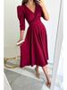 Autumn V-neck Waist-Cinching Bubble Sleeve Swing Dress