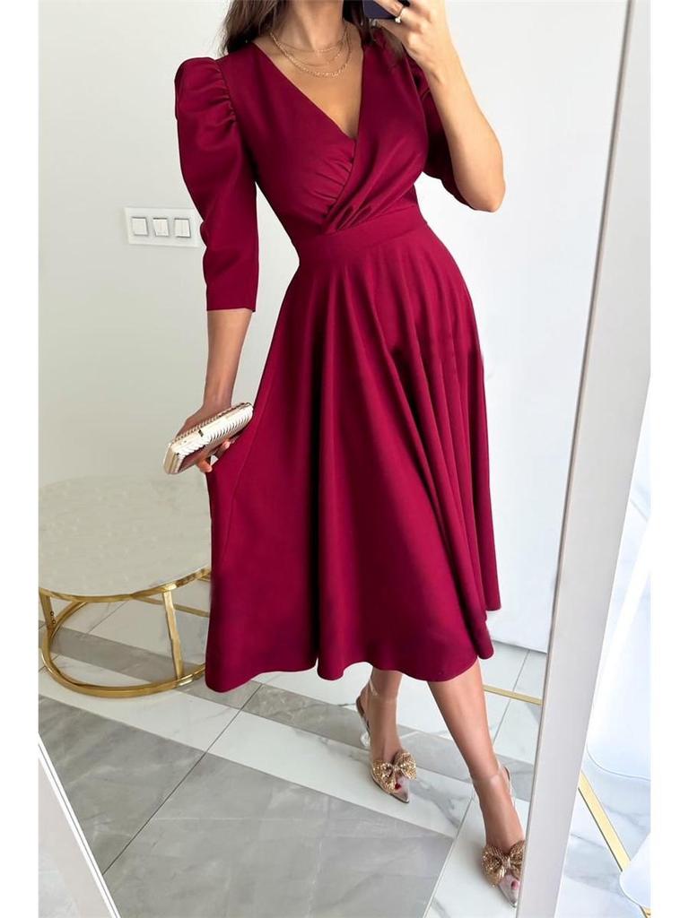 Autumn V-neck Waist-Cinching Bubble Sleeve Swing Dress