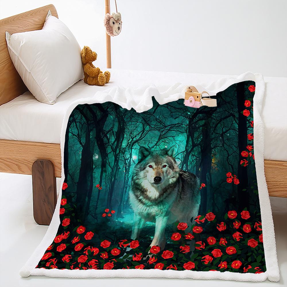 2D Digital Printed Cover Blanket Animal Moonlight Wolf Thickened Lamb Fleece Crystal Fleece Blanket