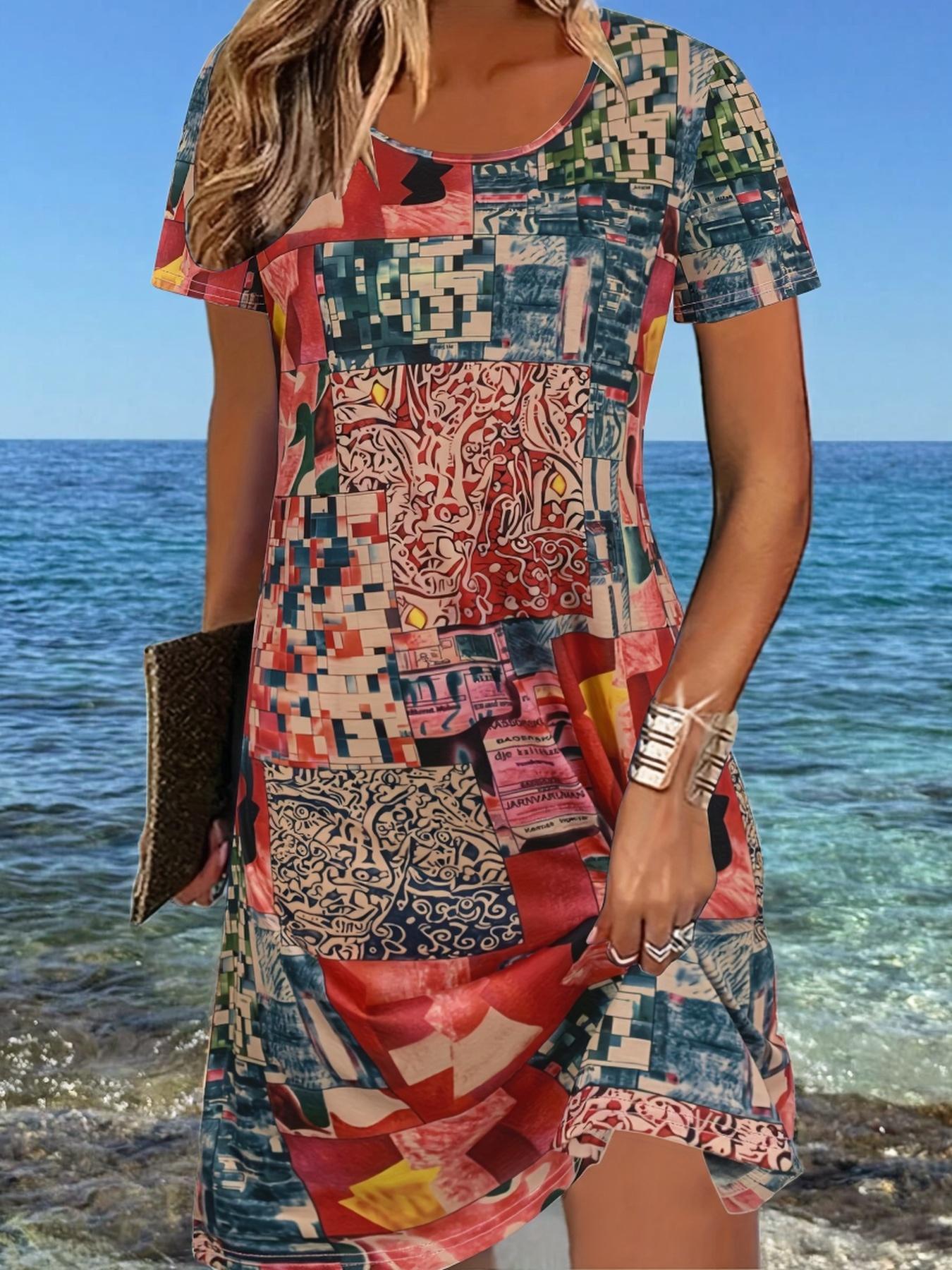 

2D Print Casual Fashion Vacation Abstract Painting Color Block Patchwork Tie-Dye Geometric Building Graphic Full-Body Print Breathable Round Neck Shor XL дубильная кора