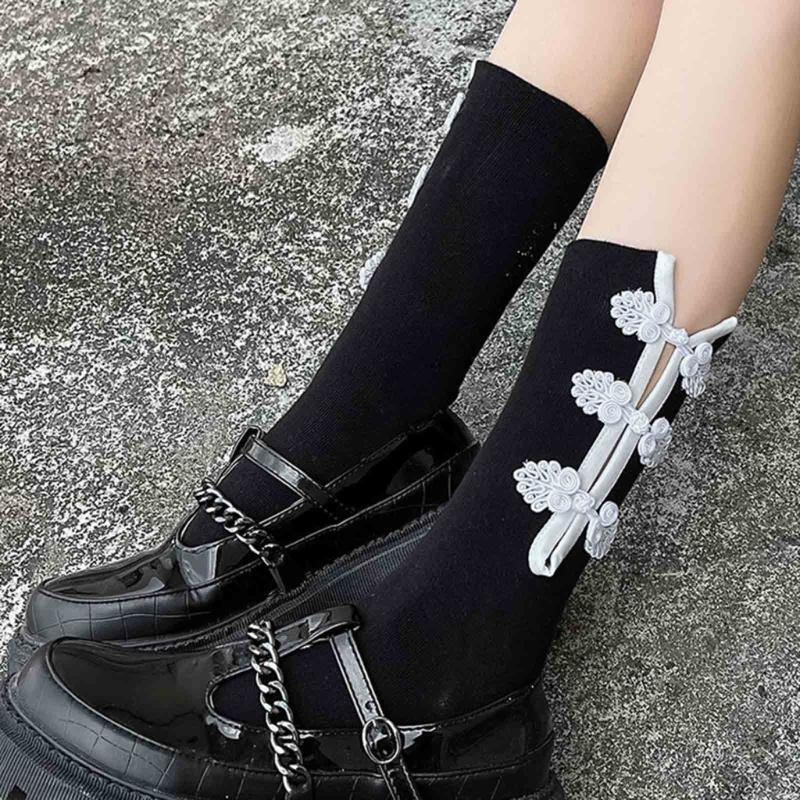 Womens Casual Crew Socks, Chinese Style Cheongsam Buckle Design Ladies Socks Solid Color Cotton Calf Socks
