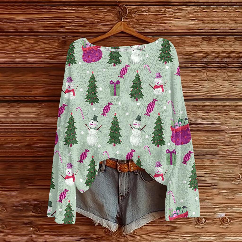 Women's Fashionable Oversized Knitwear Long-Sleeved Christmas Print Top
