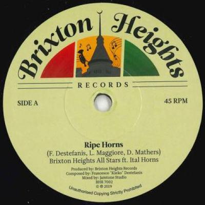 7 inç Plak BRIXTON HEIGHTS ALL STARS, ITAL HOR - Ripe Horns / Hard Bud BHR7002 Brixton Heights 2019 İngiltere Reggae, Ska & Dub