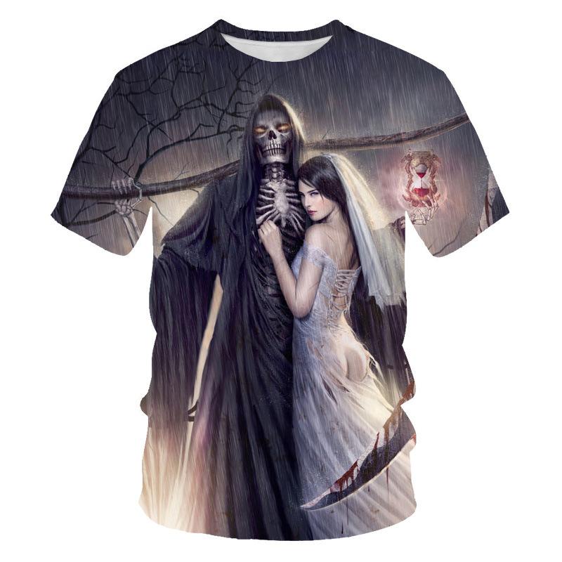 3D Grim Reaper Skull Print Short Sleeve T-shirt, Edgy Streetwear Style
