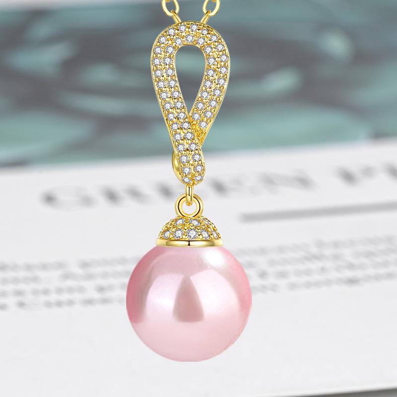 Zircon-Set Imitation White Pearl & Multicolor Shell Pendant Necklace - Women's Fashion Clavicle Chain