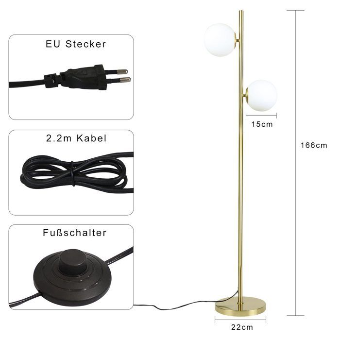 Lampadaire - NETTLIFE - Abat-jour en verre - 2x E27 - Hauteur 166 cm - Or métal