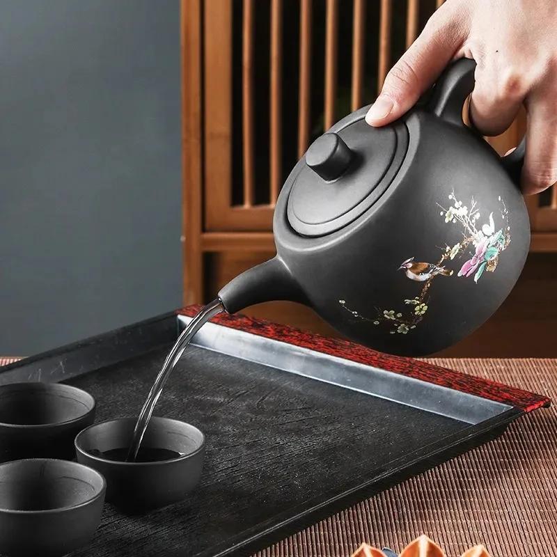 Yixing Fialové hliněné čajové konvice Velkokapacitní Květiny a ptáci Čajová konvice Ručně vyráběná Zhu Mud Dragon Vzor Čajový infuzér Čínský čajový set