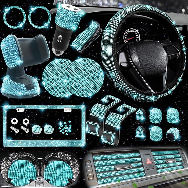 NBTEPEM 27-Piece Bling Car Accessories Set - Universal Fit Steering Wheel Covers, License Plate Frames, Phone Holder, Car Fast Charger, Coasters