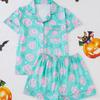 Halloween Women's Pajama Set Lapel Collar Open Front Cardigan Short Sleeve & Shorts Loungewear Loose Ultra Soft Casual Homewear Sleepwear Outfit