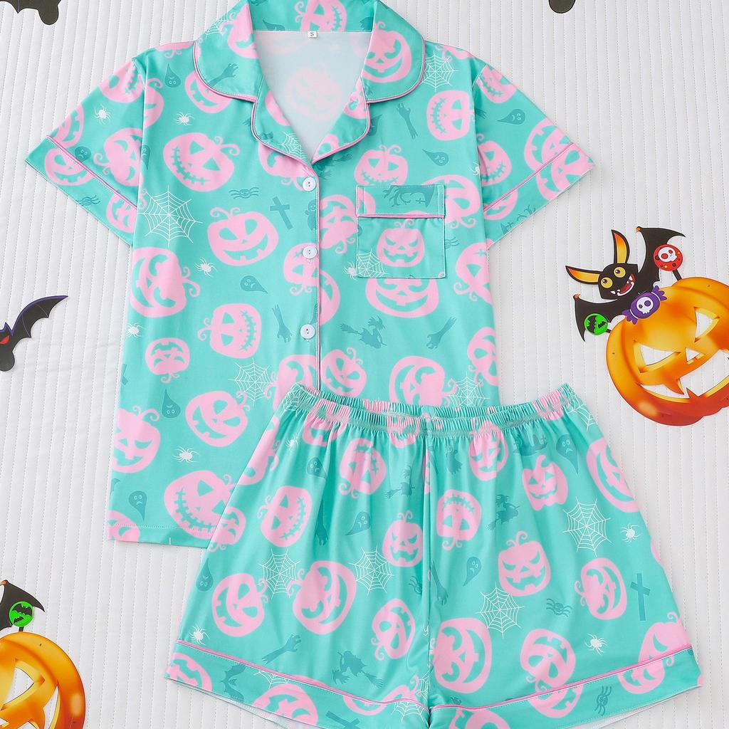 Halloween Women's Pajama Set Lapel Collar Open Front Cardigan Short Sleeve & Shorts Loungewear Loose Ultra Soft Casual Homewear Sleepwear Outfit