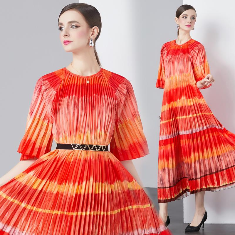 

Летние женские платья для подиума с принтом, длинный макси-негабаритный свободный плиссированный вечерний халат с поясом One Size