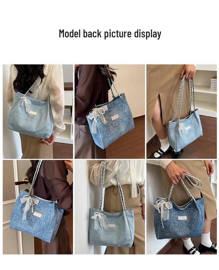 Pearl Bow Diamond Denim Tote: Stylish Summer Shoulder Bag with Large Capacity