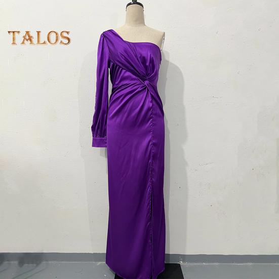 Lady Evening Dress One Shoulder Single Open Sleeve Split Hem Solid Color Slim Waist Pleated Knot Decor Solid Color Prom Cocktail Party Maxi Dress