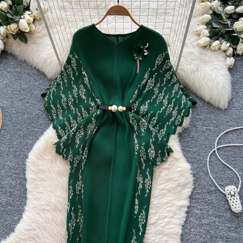 Jarní podzimní dámské elegantní 3D květinový tisk Miyake s přehybem a netopýřím rukávem, nadměrné volné skládané šaty s páskem