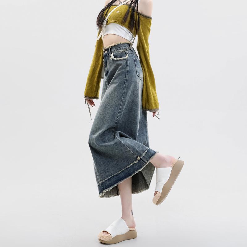 Summer Frayed A-line Hip-Hugging Denim Skirt - Retro Fashion, Niche, High Waist for Women