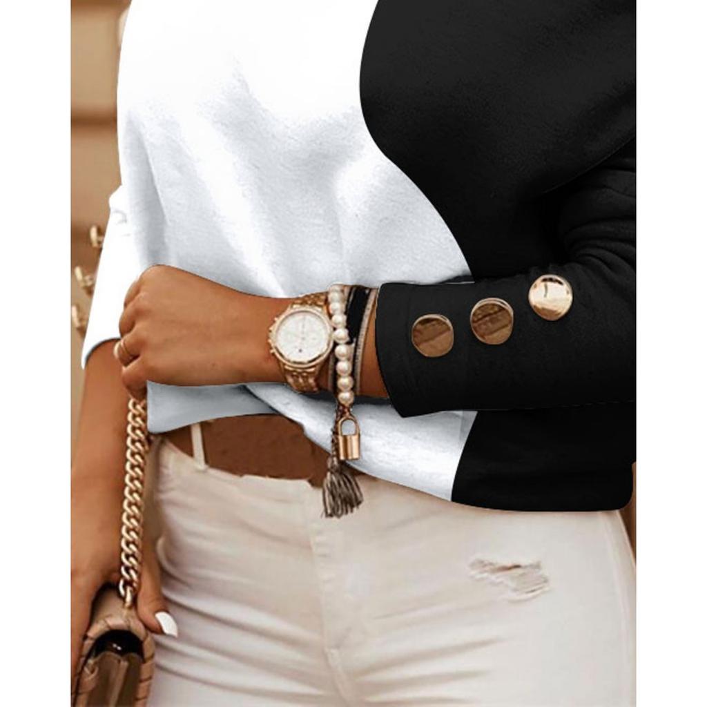 Lange Ärmel, Ketten, Halsketten, Drucke, Knopfverzierungen, Oberteile, Damenbekleidung