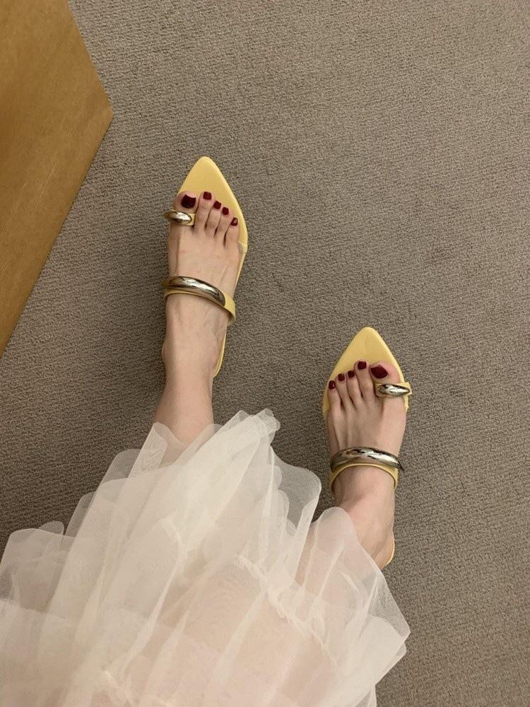 Leopard Print Toe Slippers Female Outer Wear Fairy Metal Buckle Fashion Slope Heel Pointed Toe Cover Cool Slippers