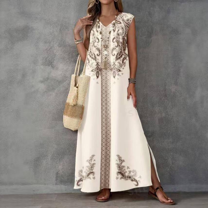 New Bohemian V-neck embroidered long dress sleeveless split beach vacation dress women's clothing