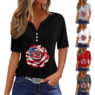 Camiseta para Mujer Estampado Día de la Independencia Botón Manga Corta Diario Fin de Semana Moda Básica Cuello en V Regular Top