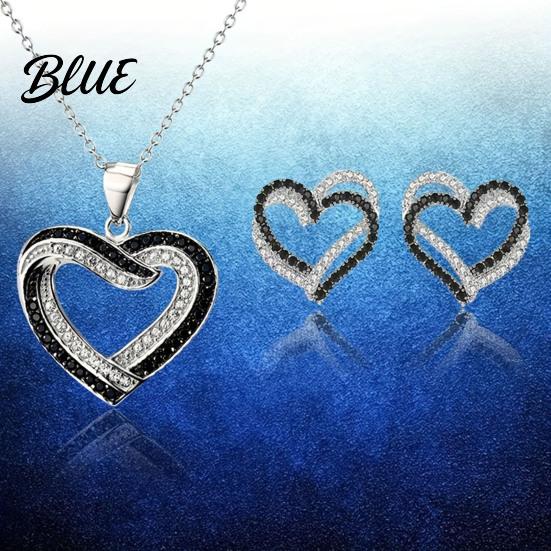 Rhinestone Heart Jewelry Overlapping Hearts Set Black White Necklace