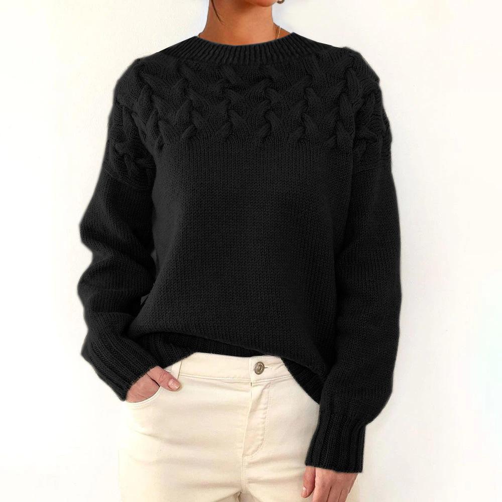 Damen Pullover mit Zopfmuster, hohem Kragen und langen Ärmeln