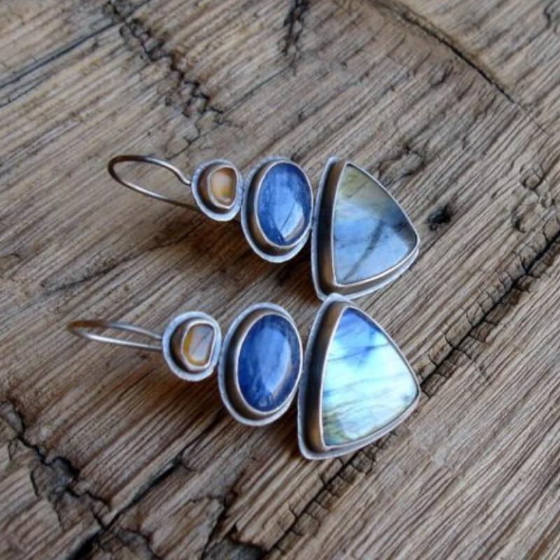 Ethnische Silberfarbe Geometrische Dreiecke und Kreise Champagner Blaue Steine Ohrringe Vintage Pastenmuster Hängeohrringe für Damen