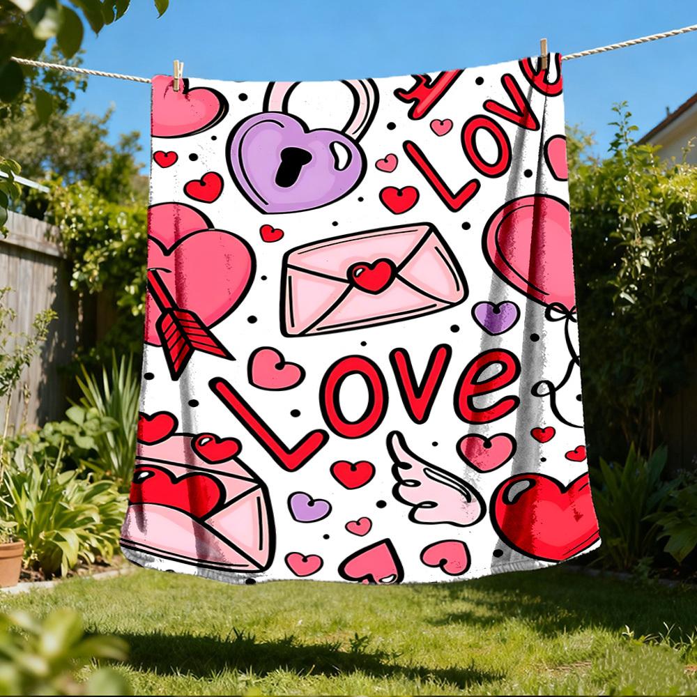 1pc Love, Valentine's Day Outdoor Blanket - Soft Flannel Cozy for Travel & Camping - All-Season Warm Bed Cover, Machine Washable yy251229086