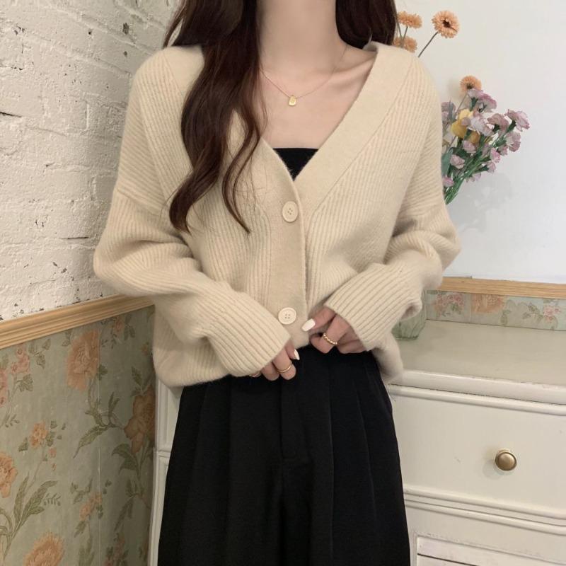 Vintage v-neck knitted cardigan jacket spring and autumn new loose lazy wind soft waxy sweater women