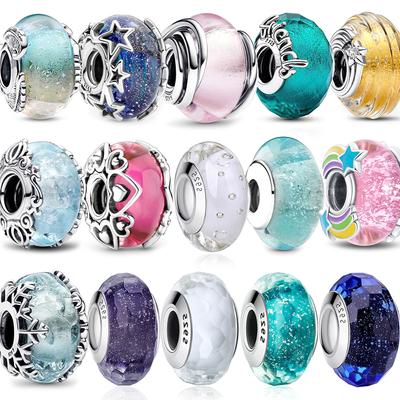 Luxury 925 Sterling Silver Pink Flower Murano Glass Beads Charm Fit Bracelet Necklace Faceted Murano DIY Women Jewelry